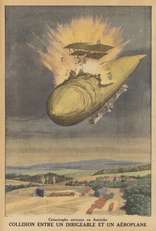 Kollision mellan ett luftskepp och ett flygplan i Österrike (färg litho) av French School