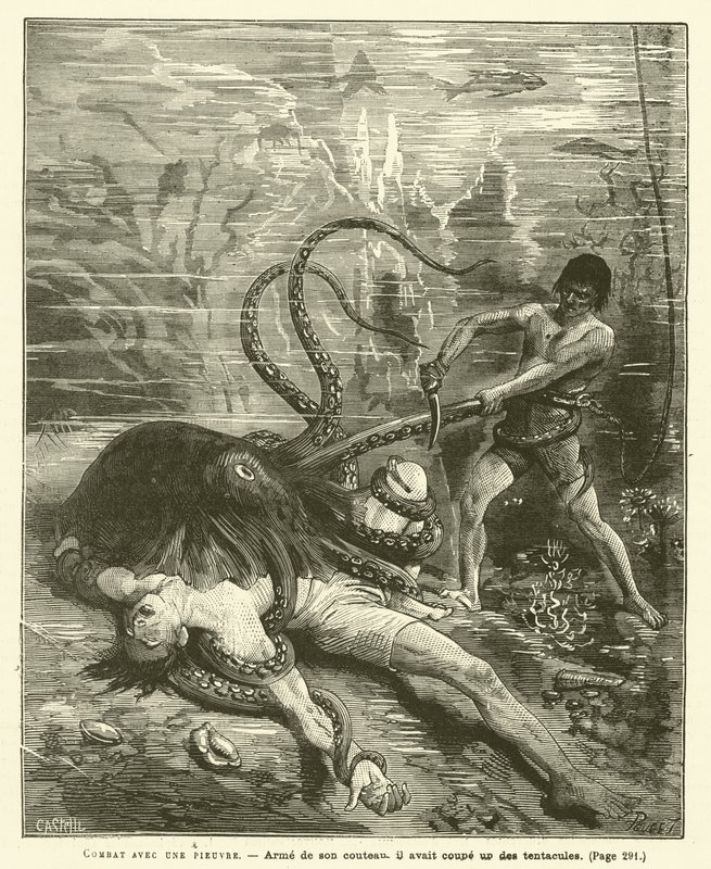 Slåss med en bläckfisk (gravyr) av French School