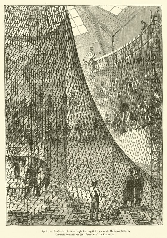 Gör nätet av M Henri Giffards fångade ångballong, Corderie centrale av MM Fretet et Ce, i Vincennes (gravyr) av French School