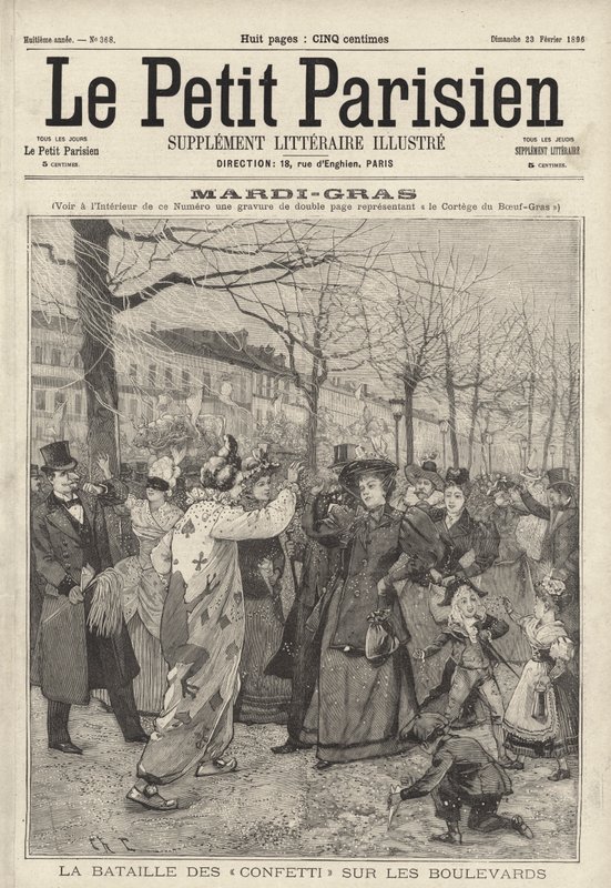 Konfettistrid på boulevarderna i Paris på Mardi Gras (gravyr) av French School