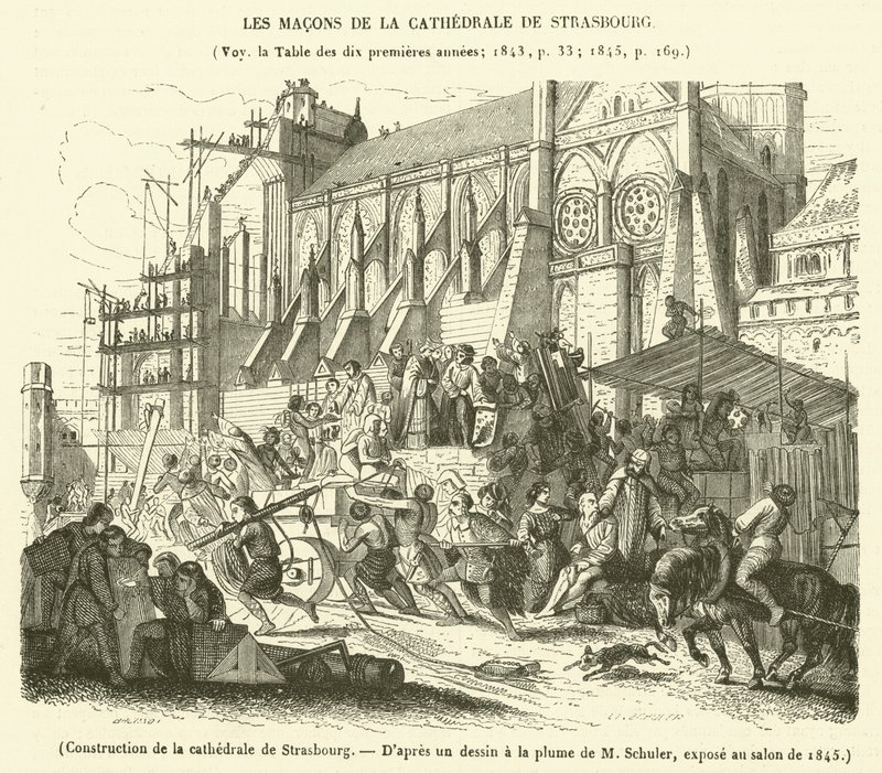 Konstruktion av Strasbourgs katedral (gravyr) av French School