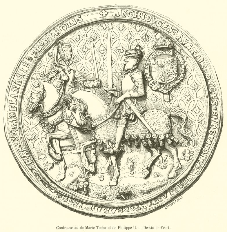 Motsigill av Mary Tudor och Filip II (gravyr) av French School