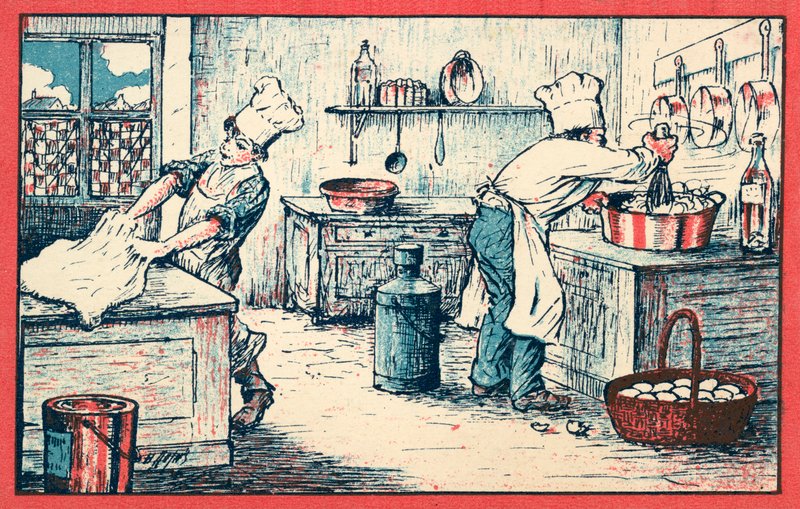 Kockar som arbetar i ett kök (chromolitho) av French School