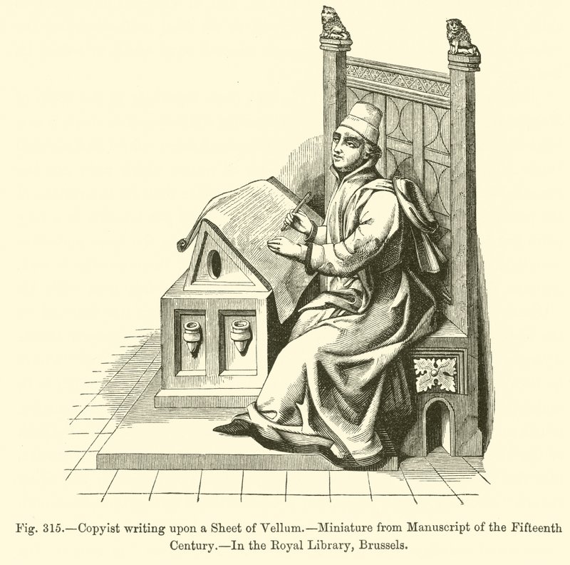 Kopist skriver på ett ark vellum (gravyr) av French School