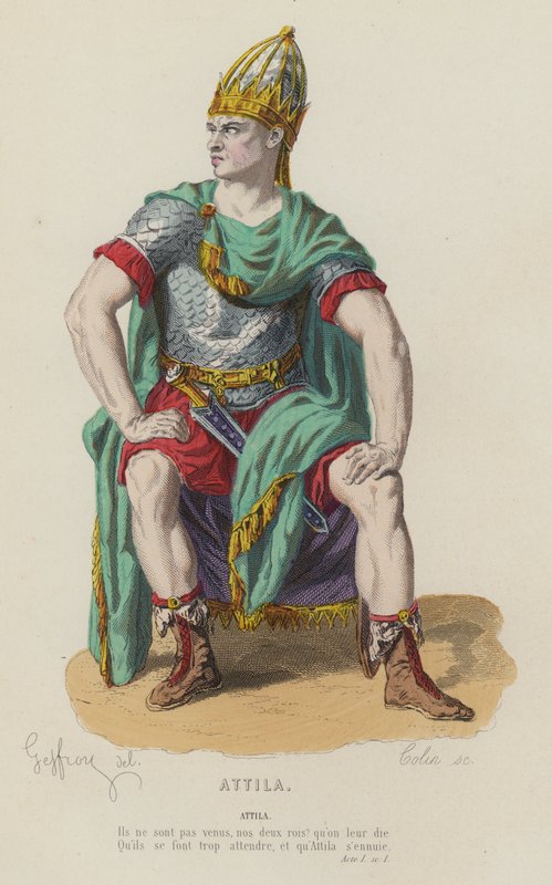 Corneille, Attila, Akt I, Sc I (färgad gravyr) av French School
