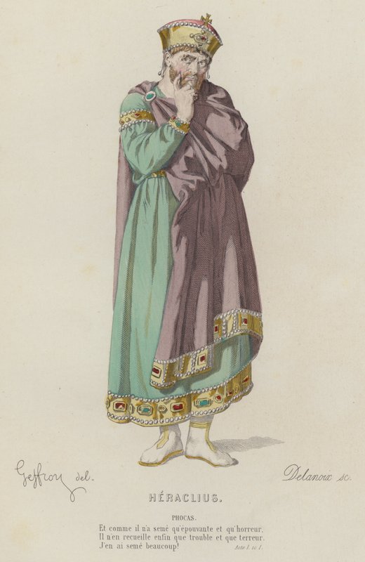 Corneille, Heraclius, Akt I, Sc I (färgad gravyr) av French School
