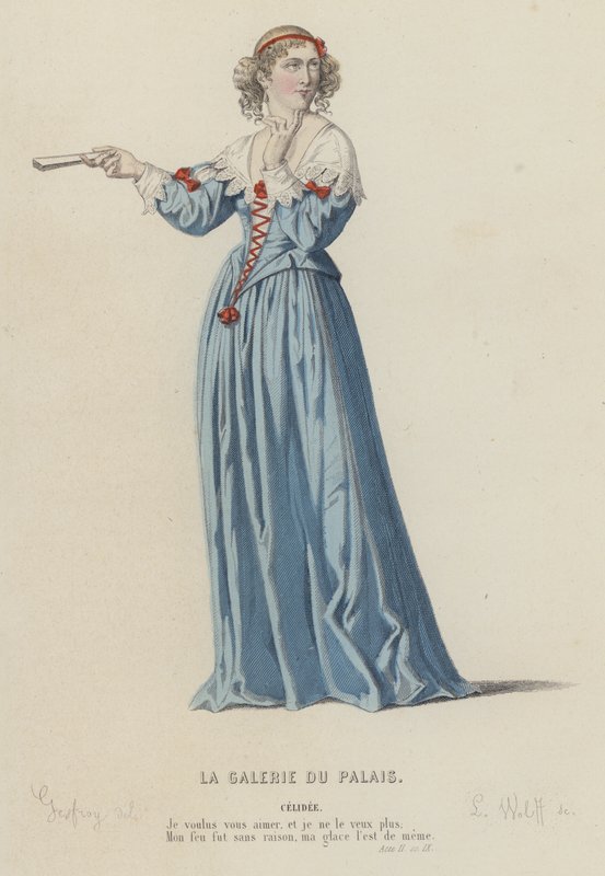 Corneille, La Galerie Du Palais, Akt II, Sc IX (färgad gravyr) av French School