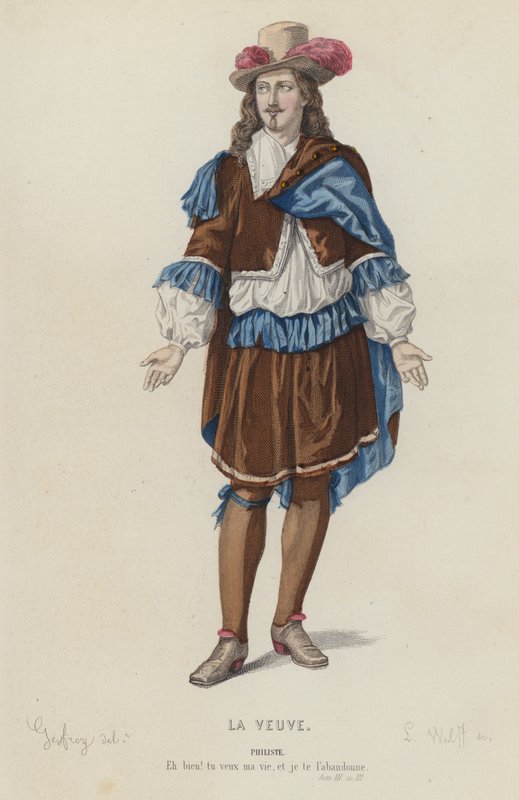 Corneille, La Veuve, Akt III, Sc III (färgad gravyr) av French School