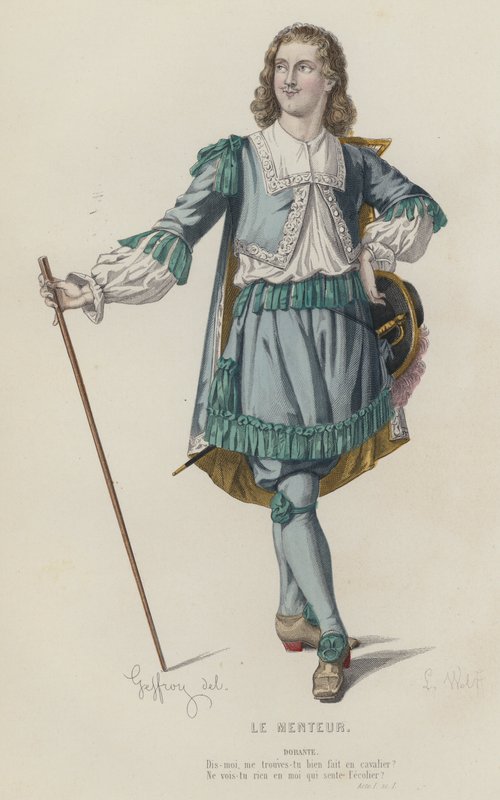 Corneille, Le Menteur, Akt I, Sc I (färgad gravyr) av French School