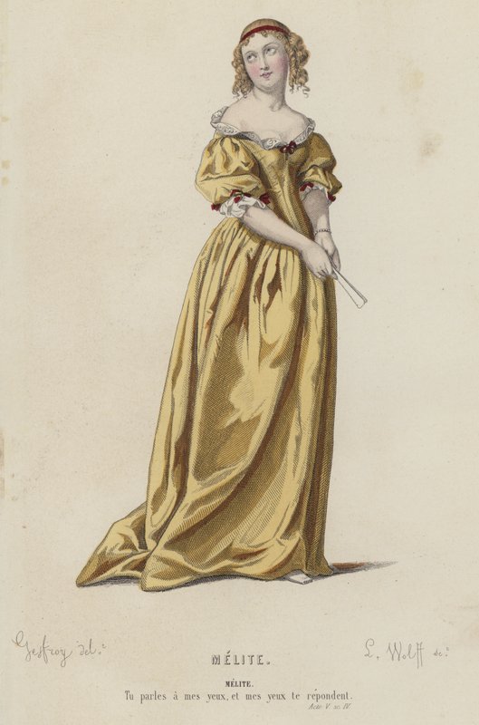 Corneille, Melite, Akt V, Sc IV (färgad gravyr) av French School