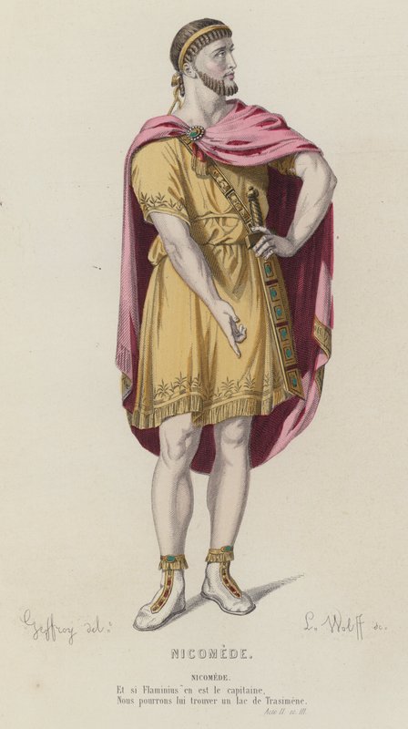 Corneille, Nicomede, Akt II, Sc III (färgad gravyr) av French School