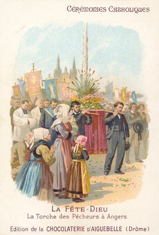 Corpus Christi procession av fiskarna i Angers, Frankrike (chromolitho) av French School