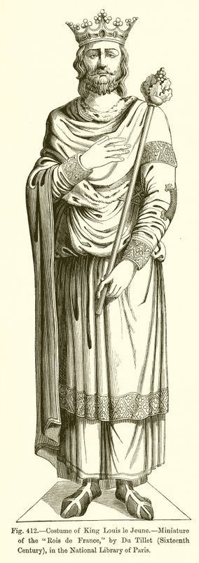 Dräkt av kung Louis le Jeune,-Miniatyr av Rois de France, av Du Tillet, sextonde århundradet, i Nationalbiblioteket i Paris av French School