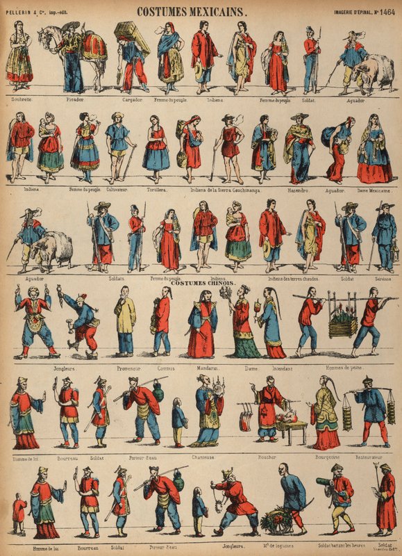 Kostymer från Mexiko och Kina (färgad gravyr) av French School