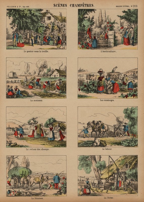 Landsbygdsscener (färgad gravyr) av French School