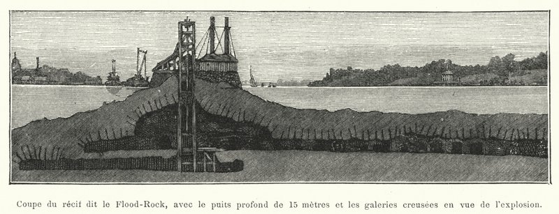 Sektion av revet som kallas Flood-Rock, med den 15 meter djupa brunnen och gallerierna grävda för explosionen (gravyr) av French School