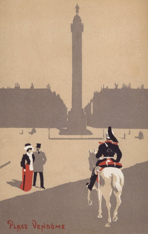 Ett par tittar på en fransk kavallerisoldat till häst på Place Vendome i Paris i Frankrike (färglitografi) av French School