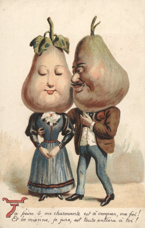Par med päronhuvuden (färg litho) av French School