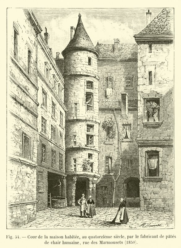 Gården till huset bebodd, på 1300-talet, av tillverkaren av pasta från människokött, rue des Marmousets, 1850 av French School
