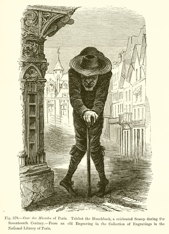 Cour des Miracles i Paris. Talebot the Hunchback, en hyllad Scamp under 1600-talet av French School
