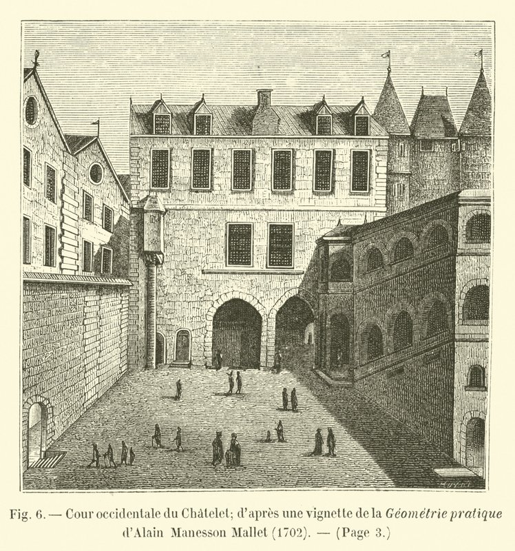 Västra innergården i Chatelet; efter en vinjett från Practical Geometry of Alain Manesson Mallet, 1702 av French School