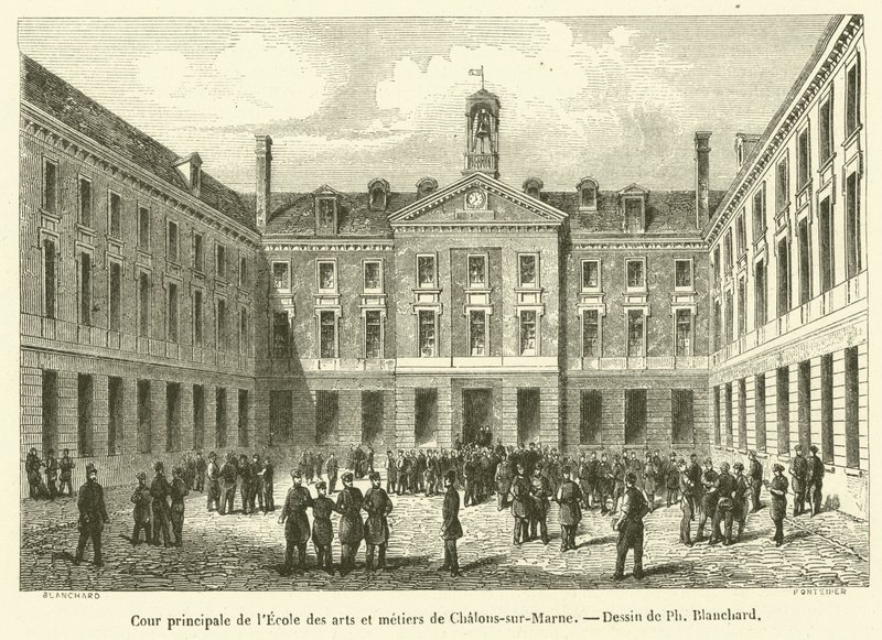 Huvudgården till skolan för konst och hantverk i Chalons-sur-Marne (gravyr) av French School