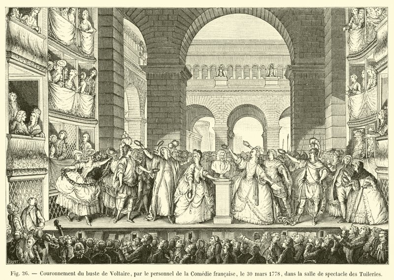 Kröning av bysten av Voltaire, av personalen på Comedie francaise, den 30 mars 1778, i föreställningssalen i Tuilerierna av French School
