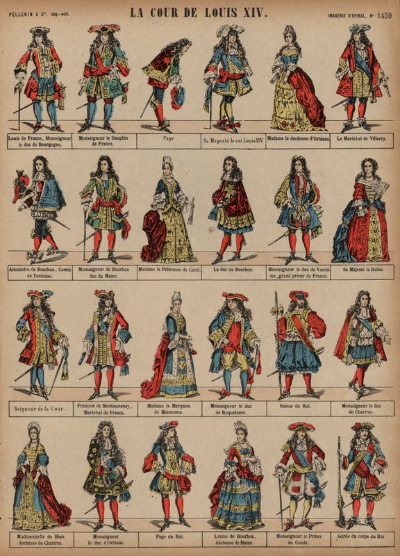 Domstol för kung Ludvig XIV av Frankrike (färgad gravyr) av French School