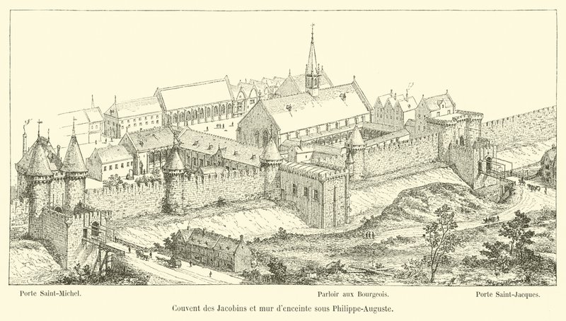Jakobinernas kloster och inhägnadsmur under Philippe-Auguste av French School