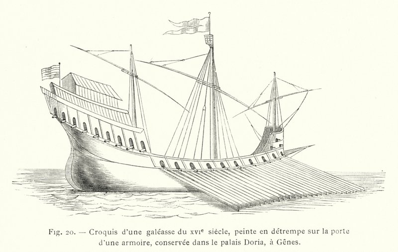 Skiss av en 1500-talsbyss, temperamålning på dörren till ett skåp, bevarad i Doria-palatset, i Genua (gravyr) av French School