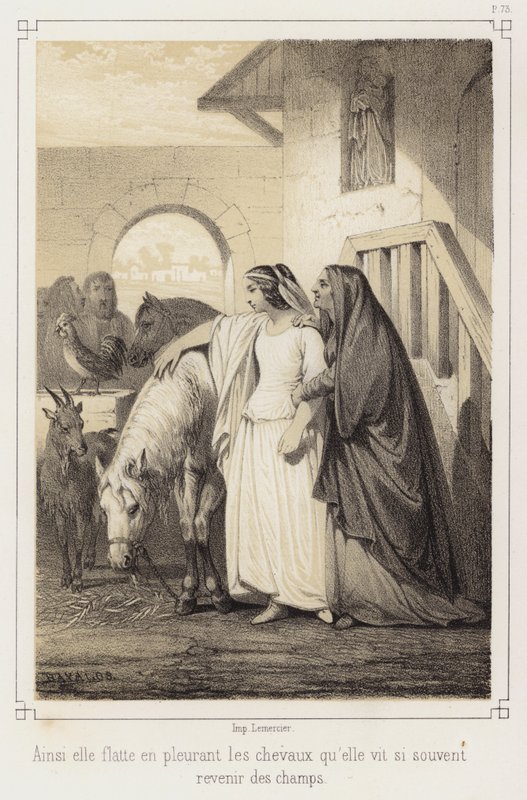 Gråtande smekte hon hästarna som hon så ofta såg komma tillbaka från fälten (litho) av French School