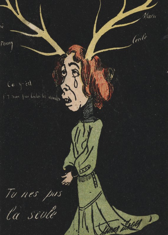 Gråtande kvinna med horn (färg litho) av French School