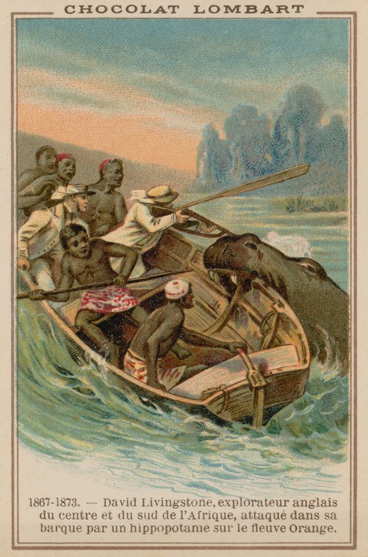 David Livingstones båt attackerades av en flodhäst på Orange River, Afrika, 1867-1873 av French School