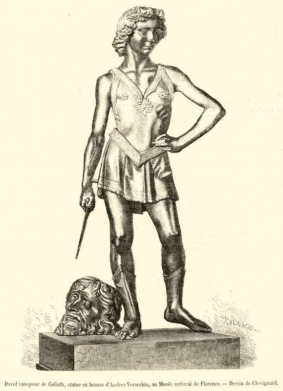 David erövrar Goliat, bronsstaty av Andrea Verocchio, på Florens nationalmuseum (gravyr) av French School