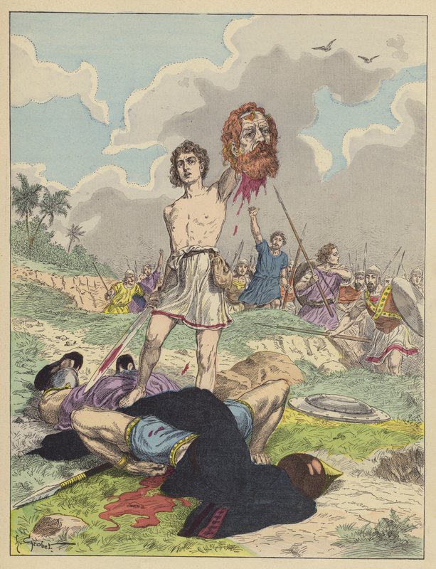 David med Goliats huvud (färg litho) av French School