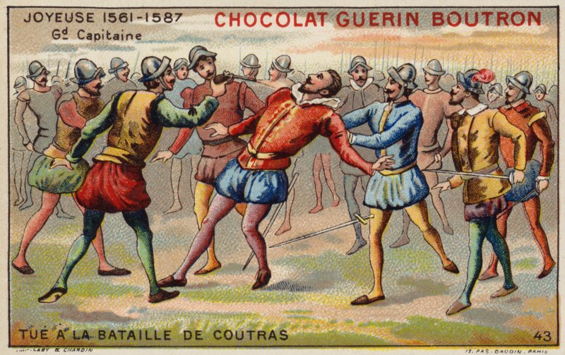 Anne, hertig av Joyeuse, död i slaget vid Coutras (chromolitho) av French School