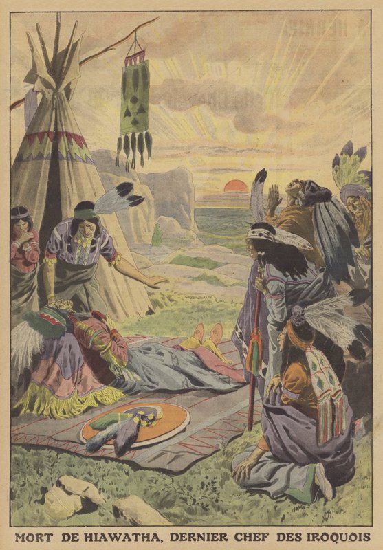 Hiawathas död, den siste hövdingen för Iroquois (färg litho) av French School