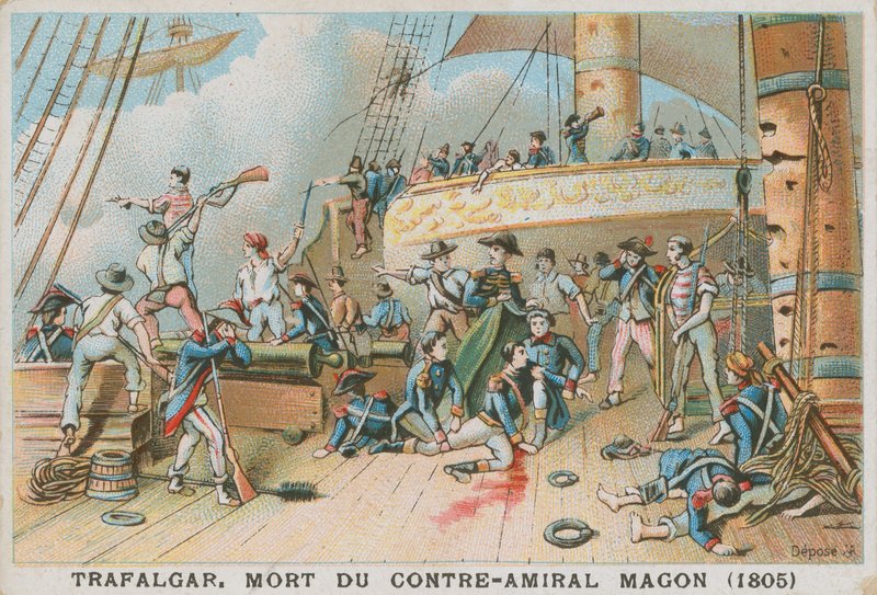Den franske konteramiralen Magon död i slaget vid Trafalgar, 1805 av French School