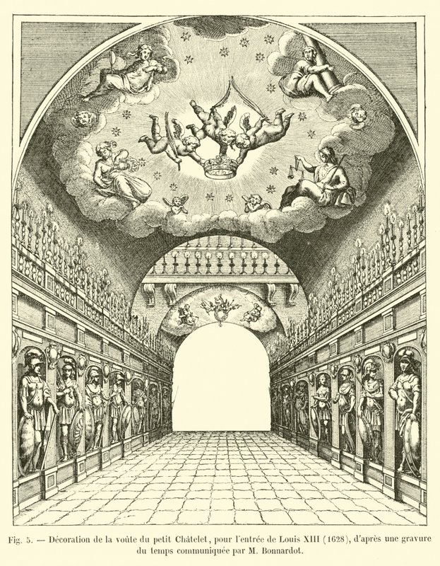 Utsmyckning av valvet i Petit Chatelet, för ingången till Ludvig XIII, 1628, efter en gravyr från tiden meddelad av M Bonnardot av French School