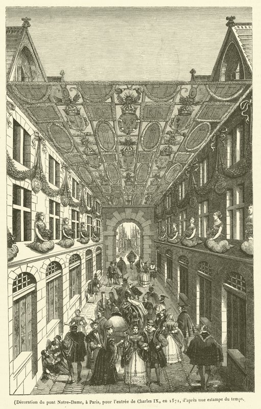 Dekoration av Pont Notre-Dame i Paris inför Karl IX:s intåg 1571 (gravyr) av French School