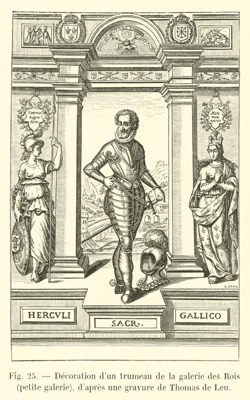 Dekoration av en trumeau i Galerie des Rois, litet galleri, efter gravyr av Thomas de Leu av French School