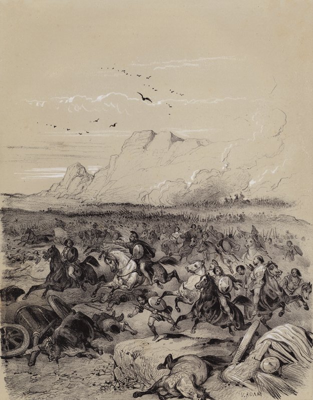 Nederlag för den invaderande Cimbri av den romerske generalen Gaius Marius i slaget vid Vercellae, Italien av French School