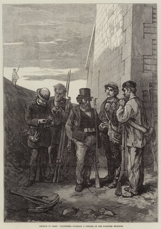 Defense of Paris, volontärer som vaktar en affisch av den befästa enceinte (gravyr) av French School