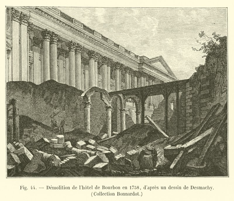 Rivning av Hôtel de Bourbon 1758, efter en ritning av Desmachy, Collection Bonnardot av French School
