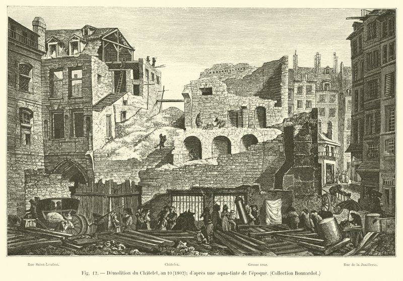 Rivning av Chatelet, år 10, 1802; efter en akvatint av lepoque, Bonnardot Collection av French School