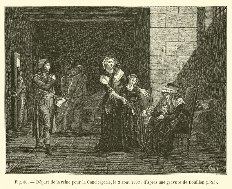 Drottningens avgång till Conciergeriet den 2 augusti 1793; efter en gravyr av Bouillon, 1795 av French School