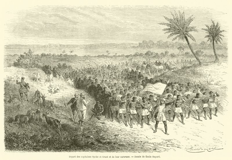 Kaptenerna Speke och Grant och deras karavan avgår (gravyr) av French School