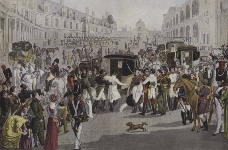 Napoleons avgång från Fontainebleau, 20 april 1814 av French School