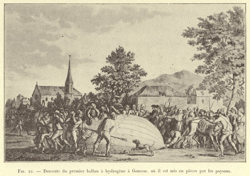 Nedstigning från den första väteballongen till Gonesse, där den slits i bitar av bönderna (gravyr) av French School