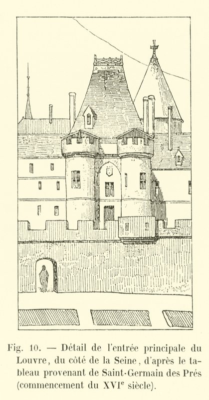 Detalj av huvudentrén till Louvren, från sidan av Seine, efter målningen från Saint-Germain des Pres, början av 1500-talet av French School